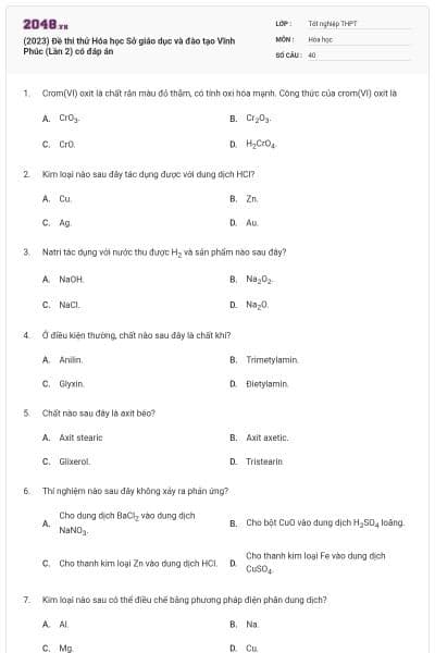 (2023) Đề thi thử Hóa học Sở giáo dục và đào tạo Vĩnh Phúc (Lần 2) có đáp án