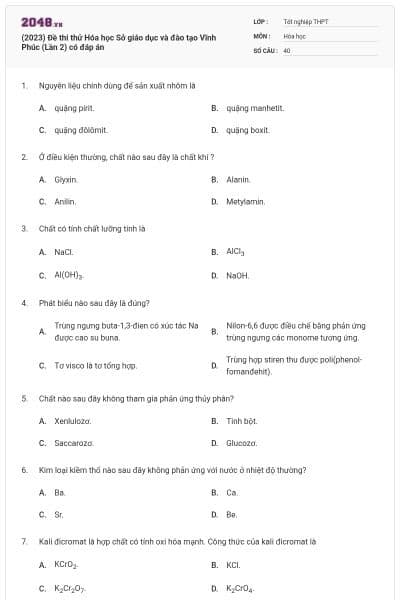 (2023) Đề thi thử Hóa học Sở giáo dục và đào tạo Vĩnh Phúc (Lần 2) có đáp án