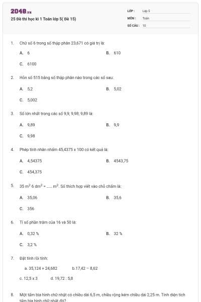 25 Đề thi học kì 1 Toán lớp 5( Đề 15)