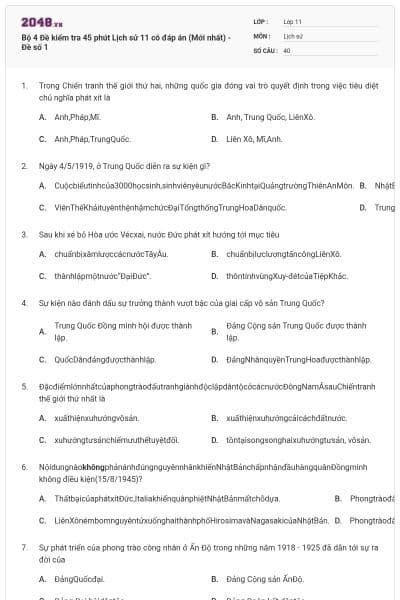 Bộ 4 Đề kiểm tra 45 phút Lịch sử 11 có đáp án (Mới nhất) - Đề số 1