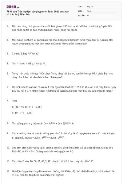 7881 câu  Trắc nghiệm tổng hợp môn Toán 2023 cực hay có đáp án ( Phần 26)