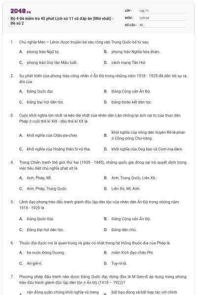 Bộ 4 Đề kiểm tra 45 phút Lịch sử 11 có đáp án (Mới nhất) - Đề số 2