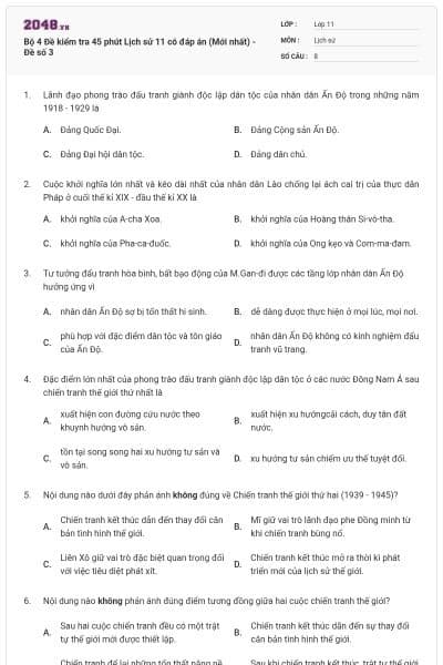 Bộ 4 Đề kiểm tra 45 phút Lịch sử 11 có đáp án (Mới nhất) - Đề số 3