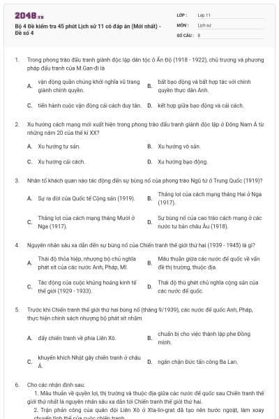 Bộ 4 Đề kiểm tra 45 phút Lịch sử 11 có đáp án (Mới nhất) - Đề số 4