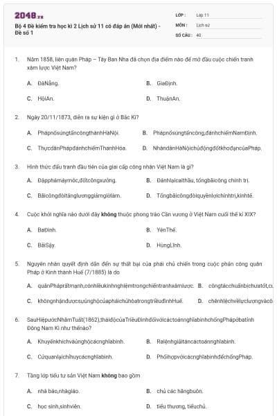 Bộ 4 Đề kiểm tra học kì 2 Lịch sử 11 có đáp án (Mới nhất) - Đề số 1