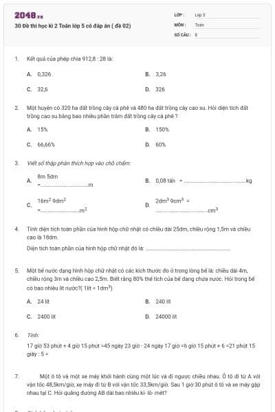 30 Đề thi học kì 2 Toán lớp 5 có đáp án ( đề 02)