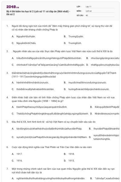 Bộ 4 Đề kiểm tra học kì 2 Lịch sử 11 có đáp án (Mới nhất) - Đề số 2