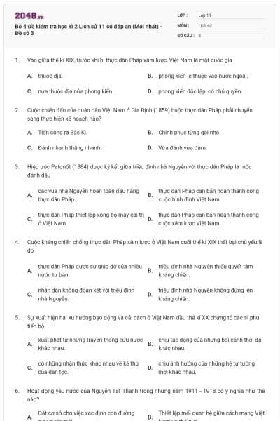 Bộ 4 Đề kiểm tra học kì 2 Lịch sử 11 có đáp án (Mới nhất) - Đề số 3