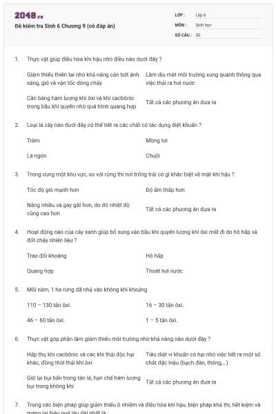 Đề kiểm tra Sinh 6 Chương 9 (có đáp án)
