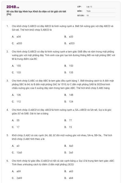 80 câu Bài tập Hình học Khối đa diện có lời giải chi tiết (P4)