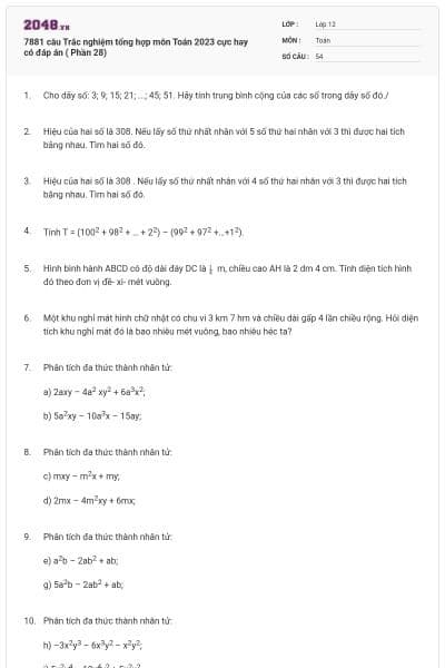 7881 câu  Trắc nghiệm tổng hợp môn Toán 2023 cực hay có đáp án ( Phần 28)