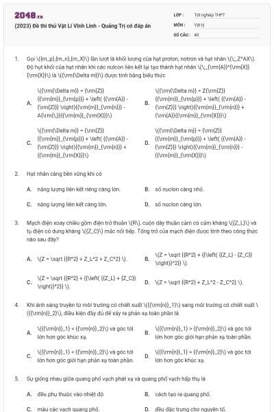 (2023) Đề thi thử Vật Lí Vĩnh Linh - Quảng Trị có đáp án