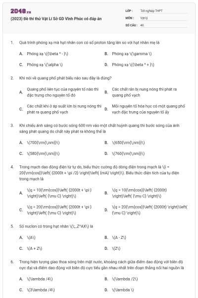 (2023) Đề thi thử Vật Lí Sở GD Vĩnh Phúc có đáp án