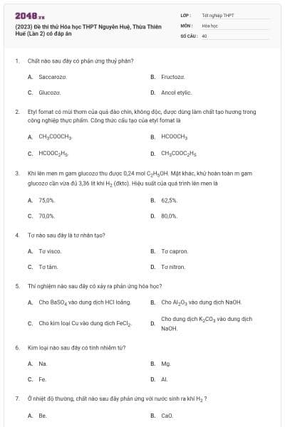 (2023) Đề thi thử Hóa học THPT Nguyễn Huệ, Thừa Thiên Huế (Lần 2) có đáp án