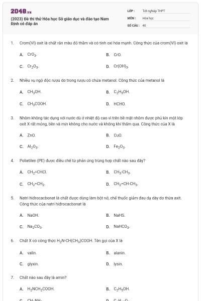 (2023) Đề thi thử Hóa học Sở giáo dục và đào tạo Nam Định có đáp án