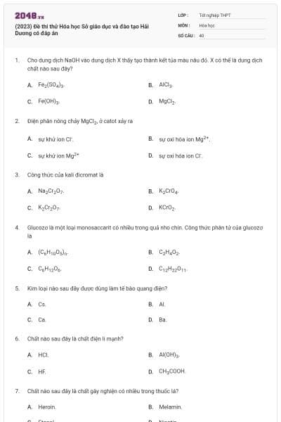(2023) Đề thi thử Hóa học Sở giáo dục và đào tạo Hải Dương có đáp án