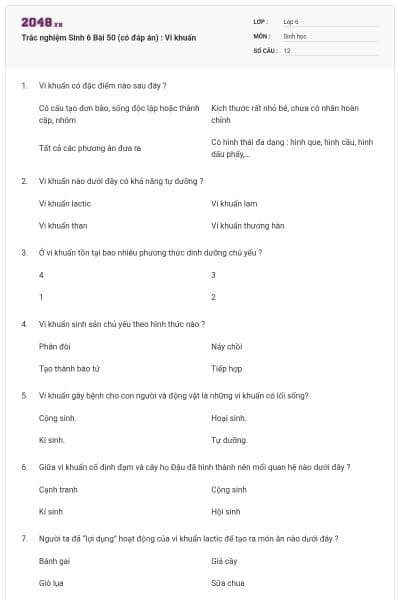Trắc nghiệm Sinh 6 Bài 50 (có đáp án) : Vi khuẩn