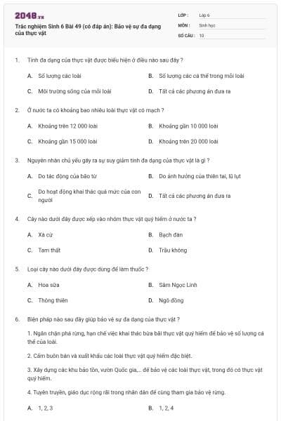 Trắc nghiệm Sinh 6 Bài 49 (có đáp án): Bảo vệ sự đa dạng của thực vật