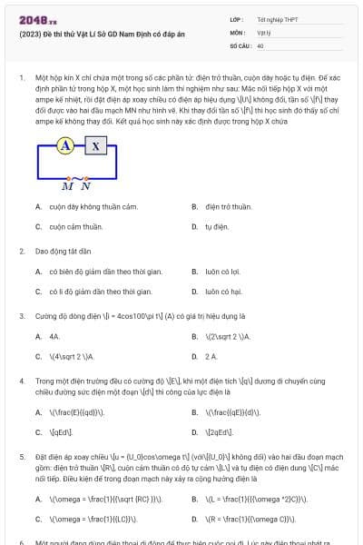 (2023) Đề thi thử Vật Lí Sở GD Nam Định có đáp án