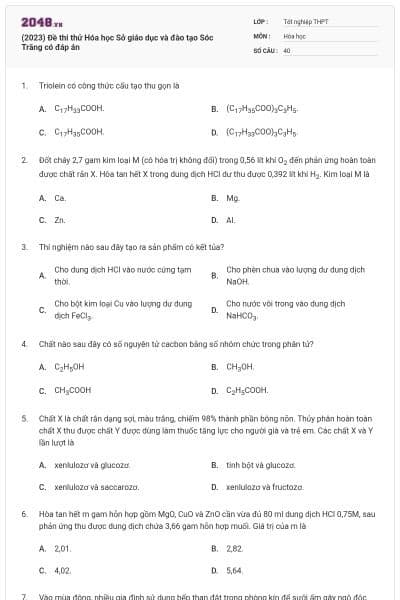 (2023) Đề thi thử Hóa học Sở giáo dục và đào tạo Sóc Trăng có đáp án