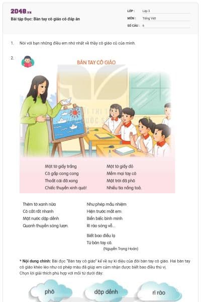 Bài tập Đọc: Bàn tay cô giáo có đáp án