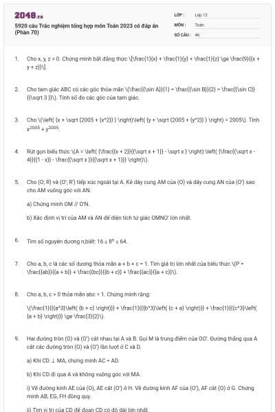 5920 câu Trắc nghiệm tổng hợp môn Toán 2023 có đáp án (Phần 70)