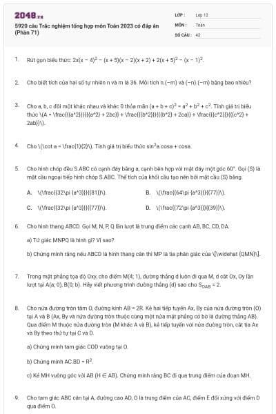 5920 câu Trắc nghiệm tổng hợp môn Toán 2023 có đáp án (Phần 71)