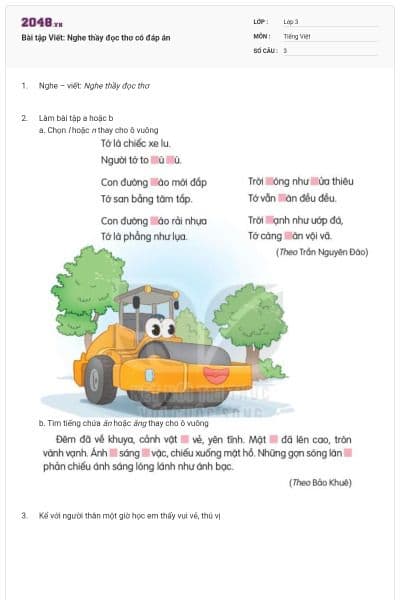 Bài tập Viết: Nghe thầy đọc thơ có đáp án