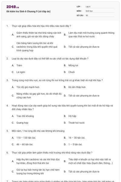 Đề kiểm tra Sinh 6 Chương 9 (có đáp án)