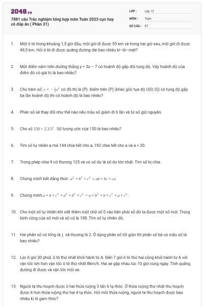 7881 câu  Trắc nghiệm tổng hợp môn Toán 2023 cực hay có đáp án ( Phần 31)