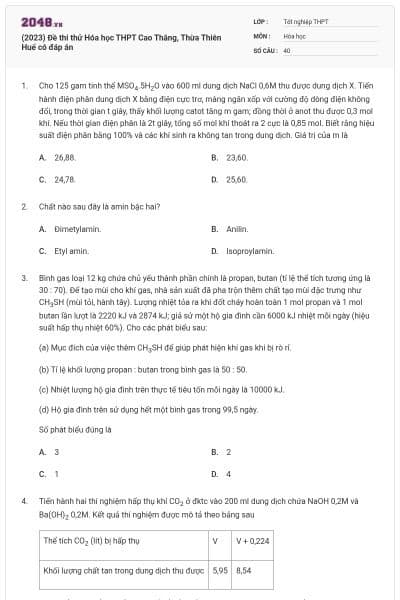 (2023) Đề thi thử Hóa học THPT Cao Thắng, Thừa Thiên Huế có đáp án