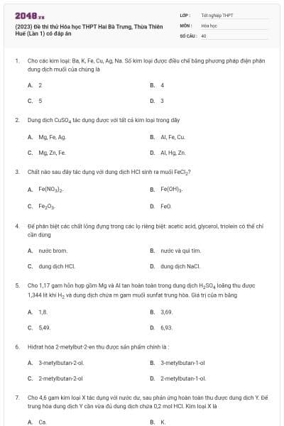 (2023) Đề thi thử Hóa học THPT Hai Bà Trưng, Thừa Thiên Huế (Lần 1) có đáp án