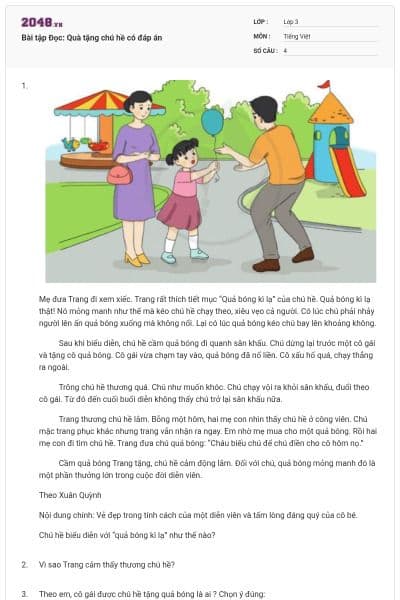 Bài tập Đọc: Quà tặng chú hề có đáp án