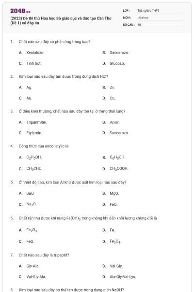 (2023) Đề thi thử Hóa học Sở giáo dục và đào tạo Cần Thơ (Đề 1) có đáp án