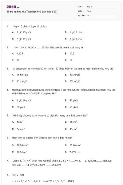 30 Đề thi học kì 2 Toán lớp 5 có đáp án(đề 03)