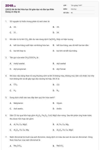 (2023) Đề thi thử Hóa học Sở giáo dục và đào tạo Kiên Giang có đáp án