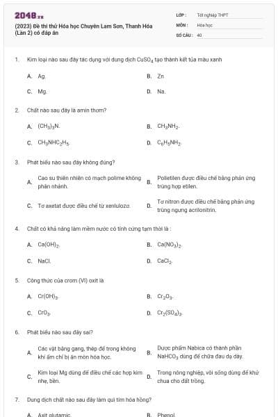 (2023) Đề thi thử Hóa học Chuyên Lam Sơn, Thanh Hóa (Lần 2) có đáp án