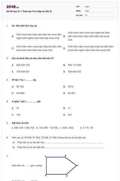 Đề thi học kì 1 Toán lớp 4 có đáp án (Đề 4)
