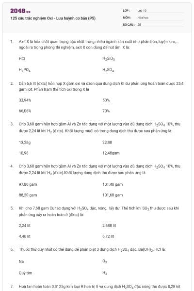 125 câu trắc nghiệm Oxi - Lưu huỳnh cơ bản (P5)