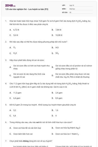 125 câu trắc nghiệm Oxi - Lưu huỳnh cơ bản (P3)