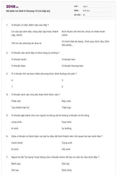 Đề kiểm tra Sinh 6 Chương 10 (có đáp án)