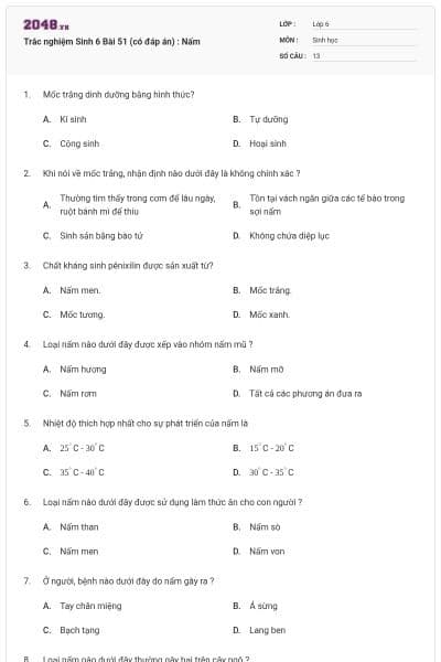 Trắc nghiệm Sinh 6 Bài 51 (có đáp án) : Nấm