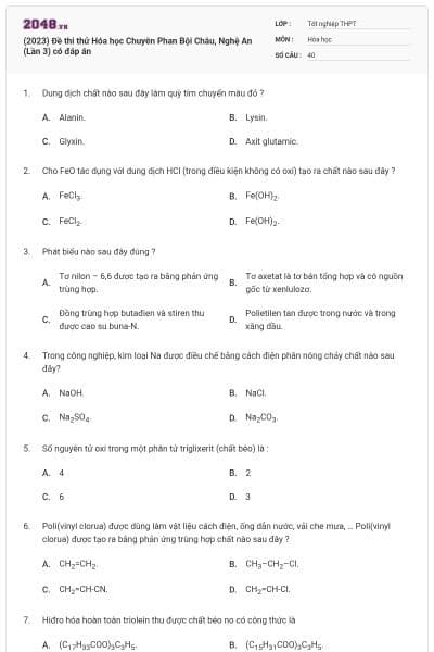 (2023) Đề thi thử Hóa học Chuyên Phan Bội Châu, Nghệ An (Lần 3) có đáp án