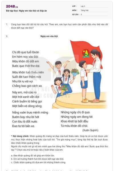 Bài tập Đọc: Ngày em vào Đội có đáp án