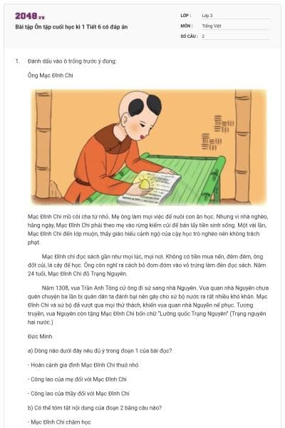 Bài tập Ôn tập cuối học kì 1 Tiết 6 có đáp án