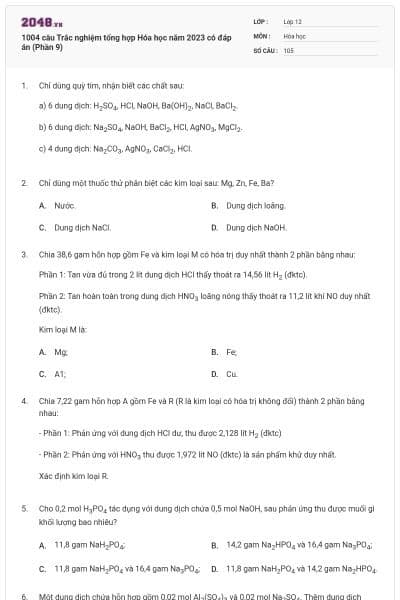 1004 câu  Trắc nghiệm tổng hợp Hóa học năm 2023 có đáp án (Phần 9)
