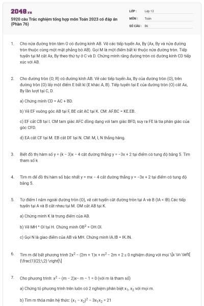 5920 câu Trắc nghiệm tổng hợp môn Toán 2023 có đáp án (Phần 76)
