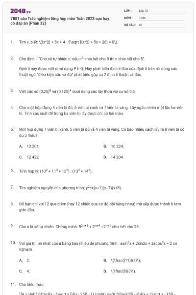 7881 câu  Trắc nghiệm tổng hợp môn Toán 2023 cực hay có đáp án (Phần 32)