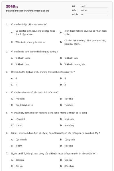 Đề kiểm tra Sinh 6 Chương 10 (có đáp án)