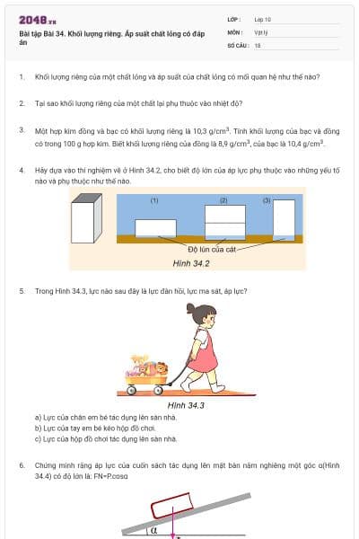 Bài tập Bài 34. Khối lượng riêng. Áp suất chất lỏng có đáp án